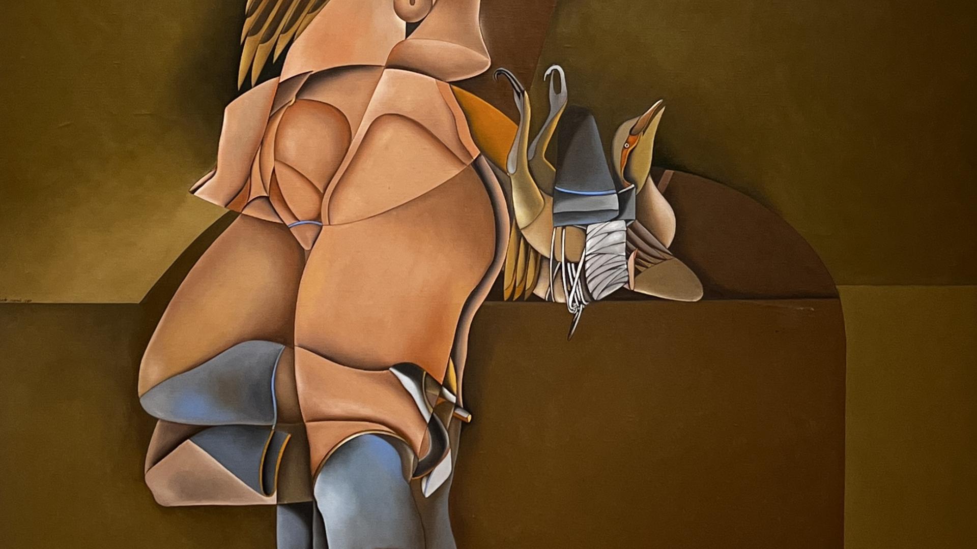 Luis Zárate (México, 1951), Mujer y pájaro atado, óleo sobre tela, 162 x 113 cm., 1980