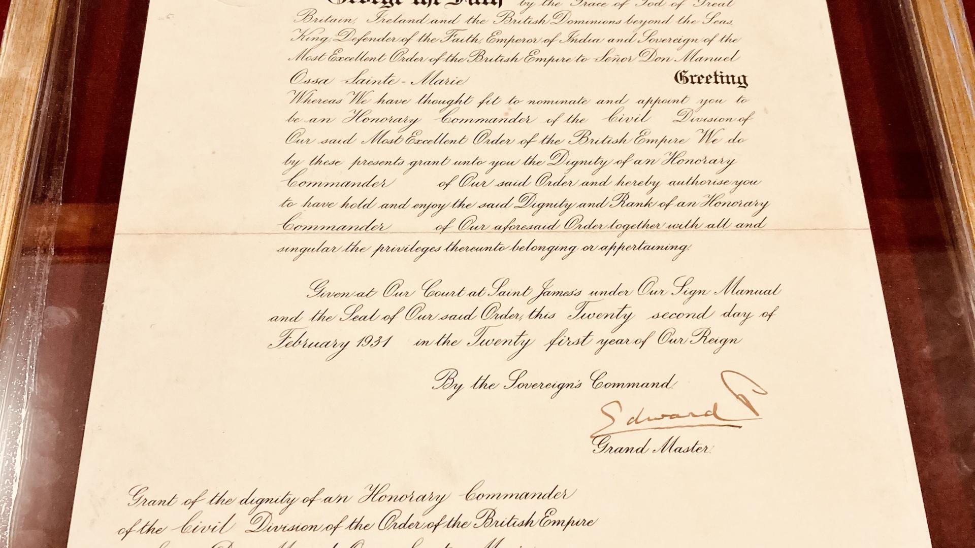 Título de Comandante Honorario otorgado a Manuel Ossa Sainte-Marie por el Rey Jorge V de Inglaterra en 1931
