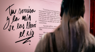 En la imagen hay una persona que se encuentra ubicada de espalda, la cual está de frente a una pared de color rosado, en donde aparece un escrito. Hacia el lado izquierdo de la imagen aparece un escrito que dice: "Tu sonrisa y la mía se las llevó el río". 